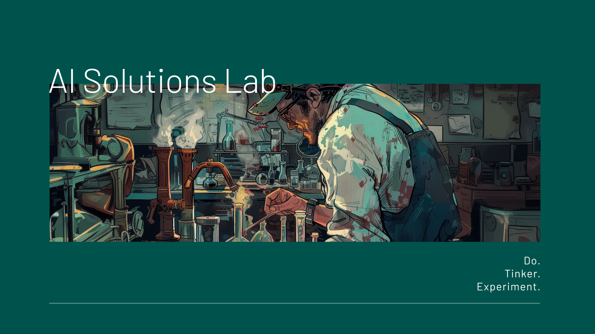 AI Solutions Lab, a drawing of a scientist in a lab setting