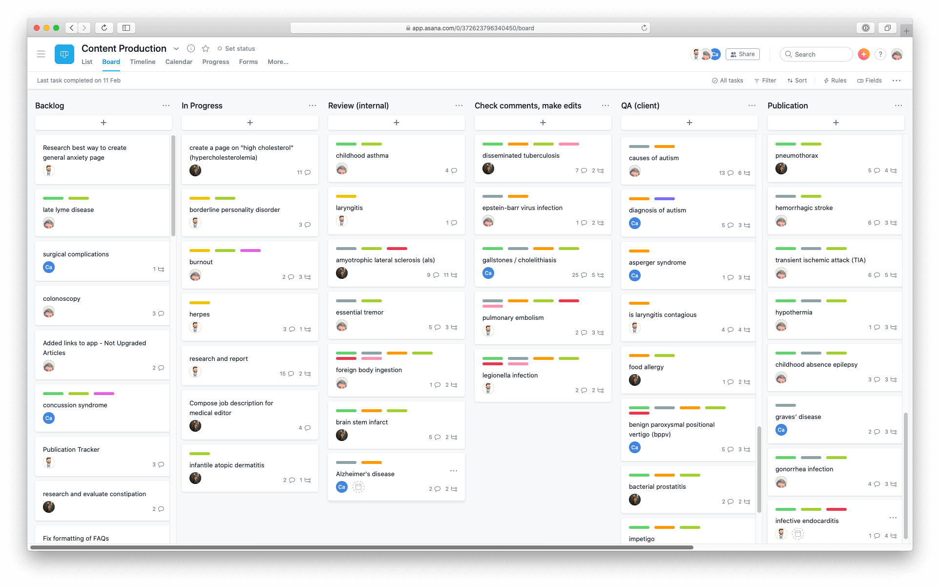 kanban board view in Asana production project