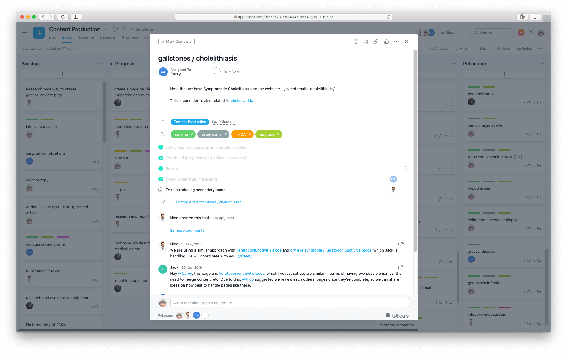 The Asana task view shows details on a 2nd layer