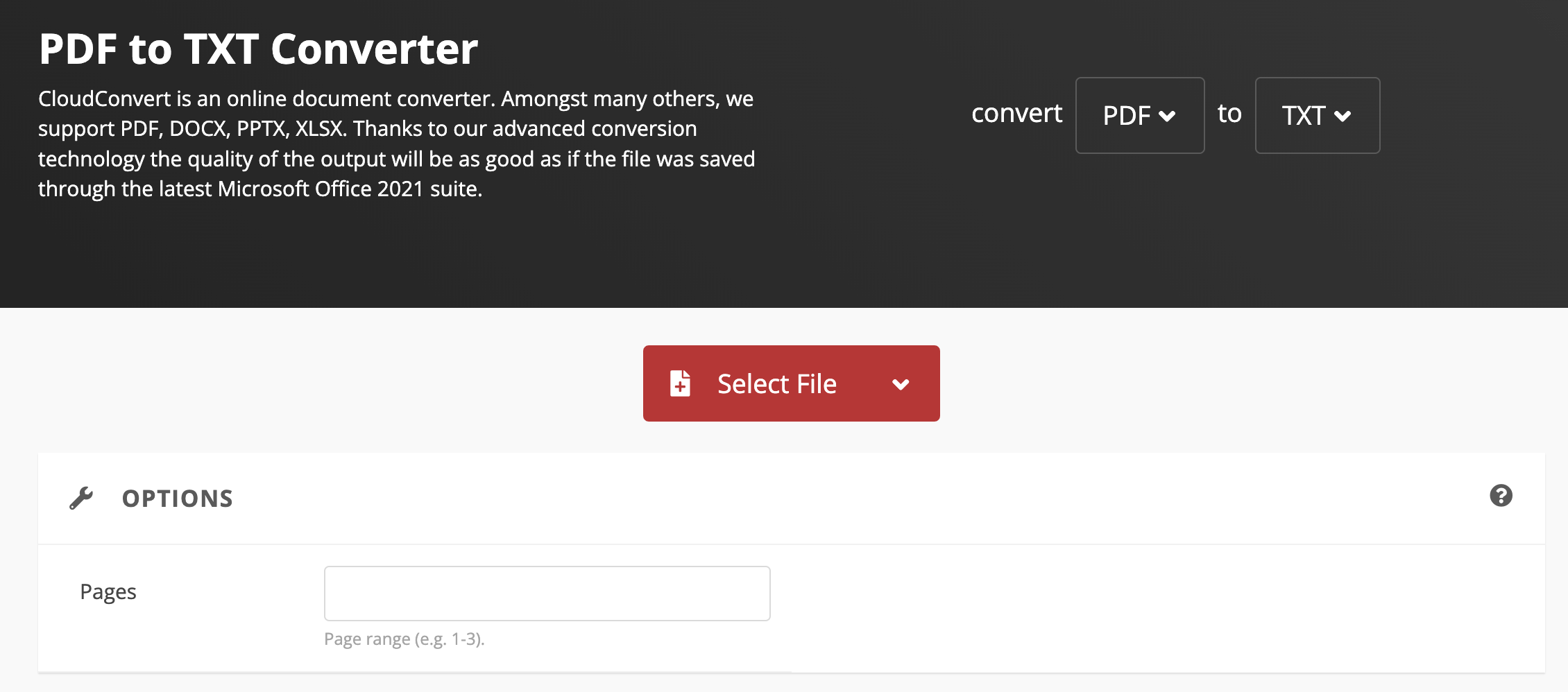 cloudconvert web interface to convert PDF to TXT